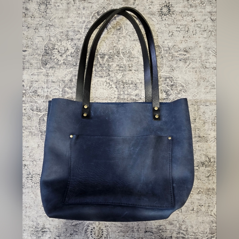 Portland Leather Medium Tote,Deep Water Blue,Brushed leather,Open top